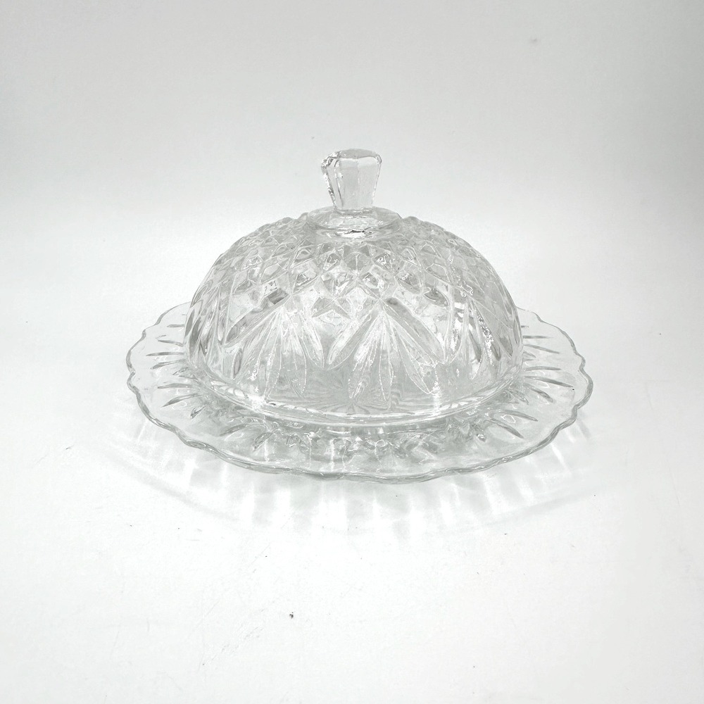 Vintage Clear Pressed Glass Covered Dish with Dome-Lid Mid-Century Serving Piece